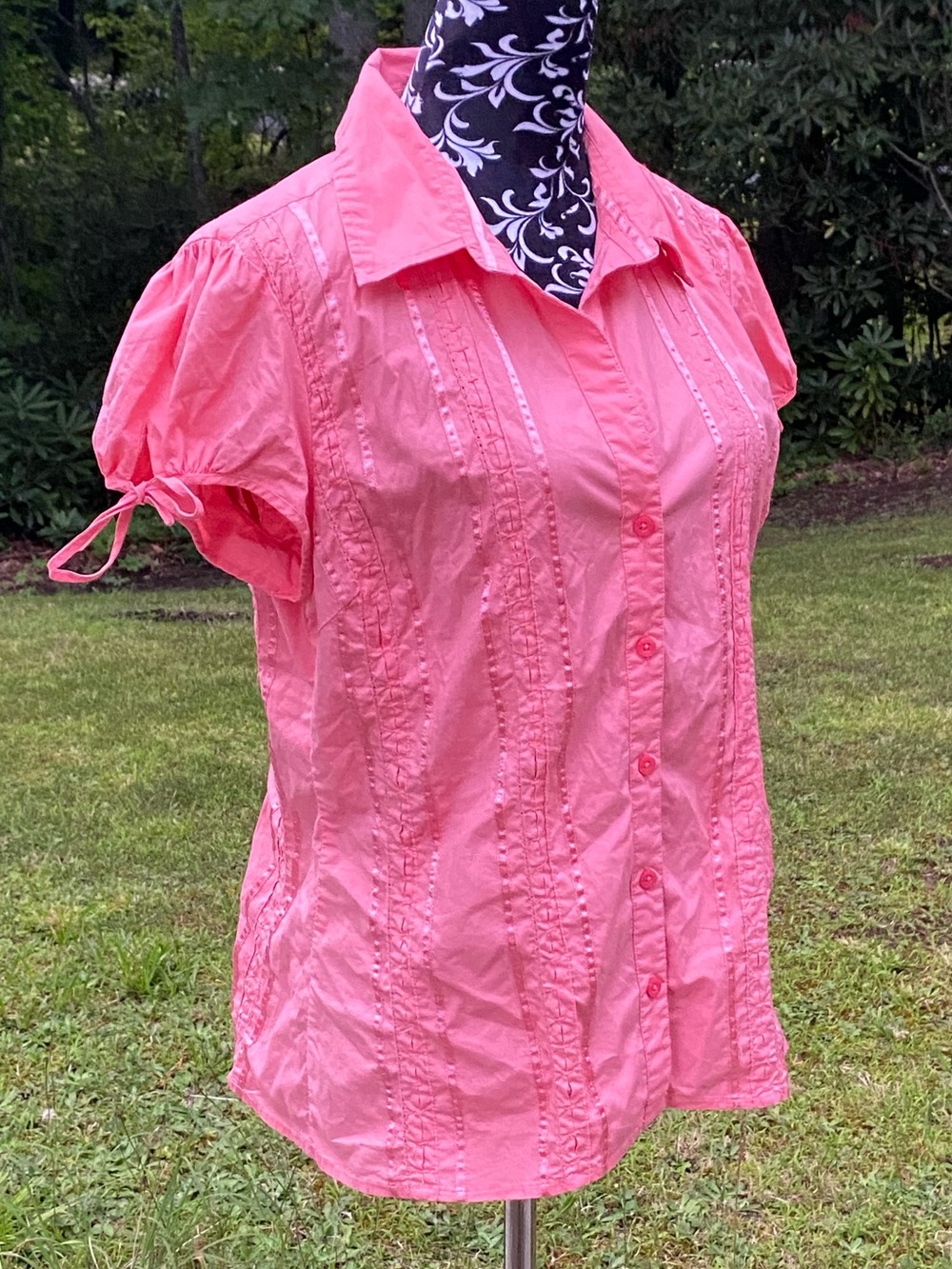 Studio 1940 Coral Pink Ribbon Trim Short-Sleeve Button Up Shirt Size Large - Picture 11 of 16